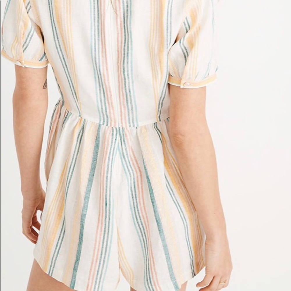 Madewell Linen Button-Wrap Romper in Stripe